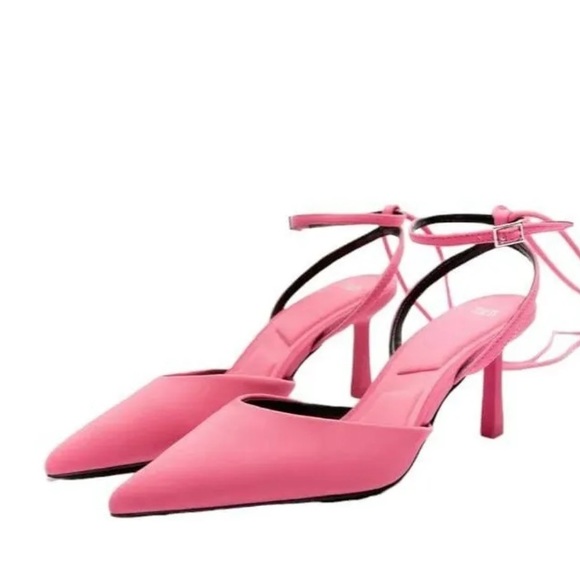 ZARA Pink Fabric Lace Up Strappy Pointed Toe Heel Slingback Sandals 6.5 (37) NWT - Picture 9 of 12